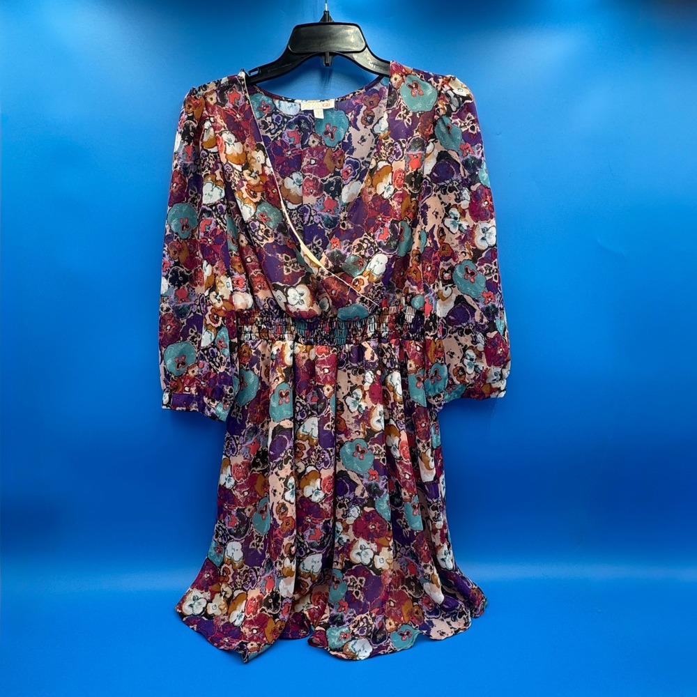 GB Women Purple Floral Chiffon Smocked Waist V-Neck Mini Dress GB7330HMC Large - Picture 2 of 7